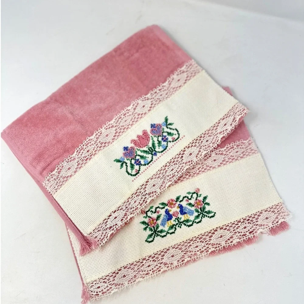 Coquette Grandmacore Cottagecore Cross Stitch Beaded Hand Towels Pink Set of 2